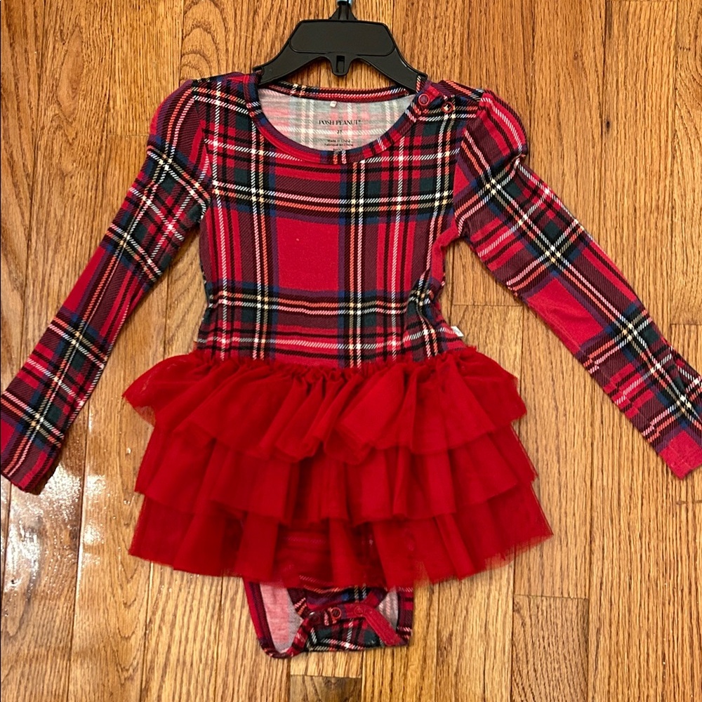 Posh Peanut Red Plaid Tulle Dress with Bodysuit-2T